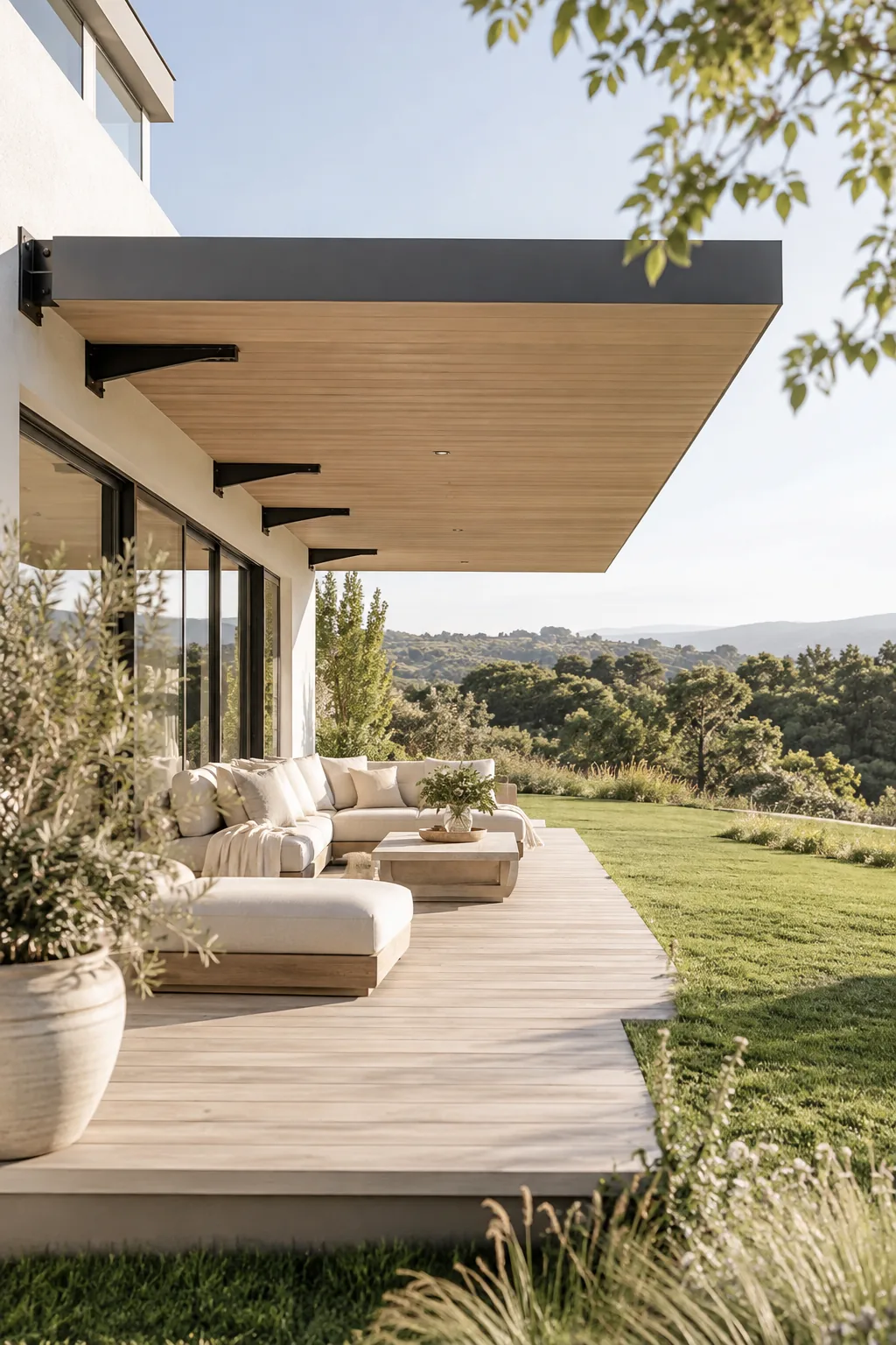 Flat cantilevered roof extending over a deck with no outer posts