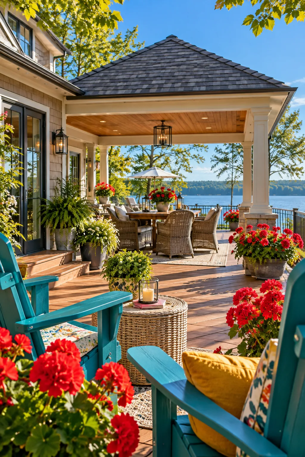 Deck covered by a shingled hip roof matching the main house