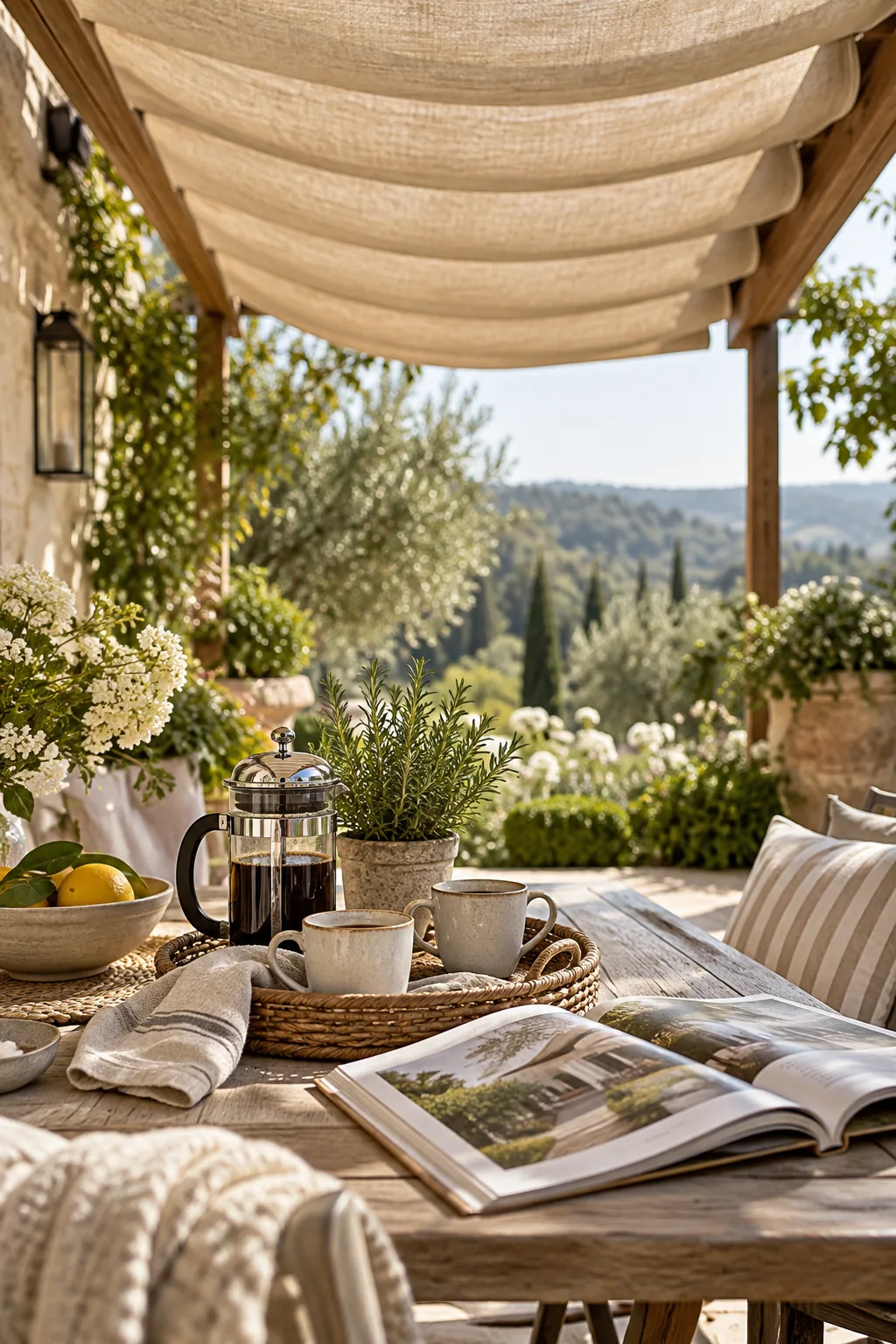 Canvas Roman shades folded in pleats over a wooden deck