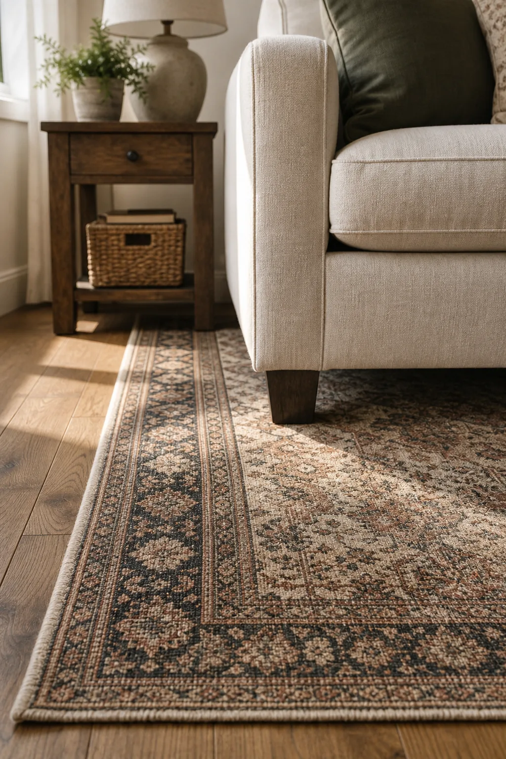 Low angle view of a vintage patterned area rug with the front legs of a neutral linen sofa resting on its edge.