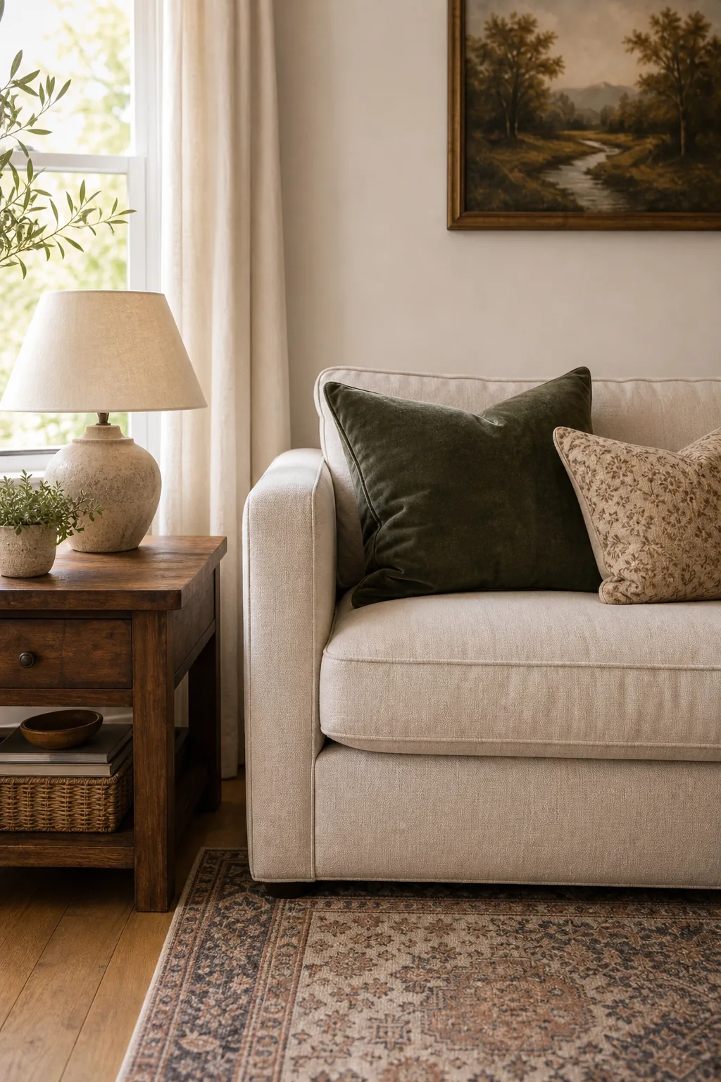 A neutral linen sofa styled with an earthy green pillow next to a warm wood side table.