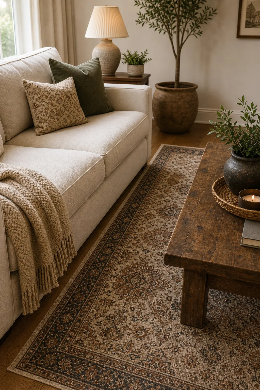 Elevated view showing the floor space between a linen sofa and a rectangular wood coffee table.
