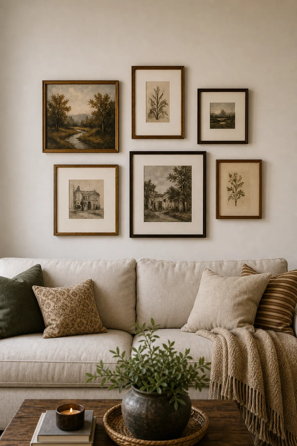 Straight-on view of six vintage landscape and architectural art prints arranged in a gallery wall above a sofa.