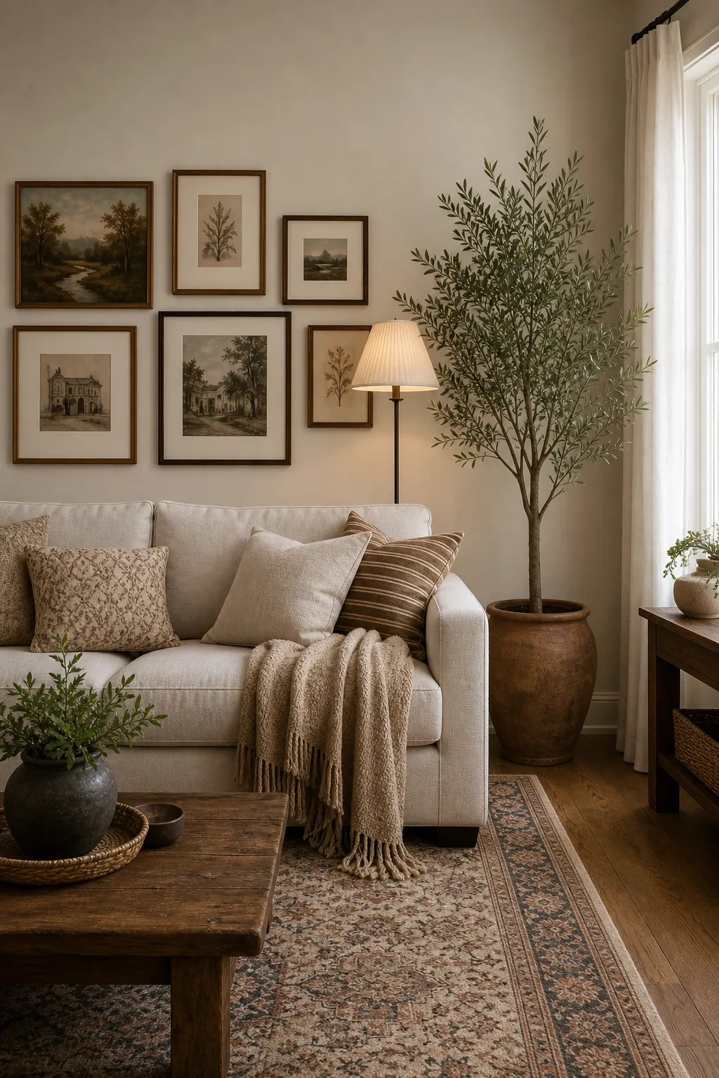A living room corner featuring a tall olive tree, a pleated floor lamp, and framed wall art.