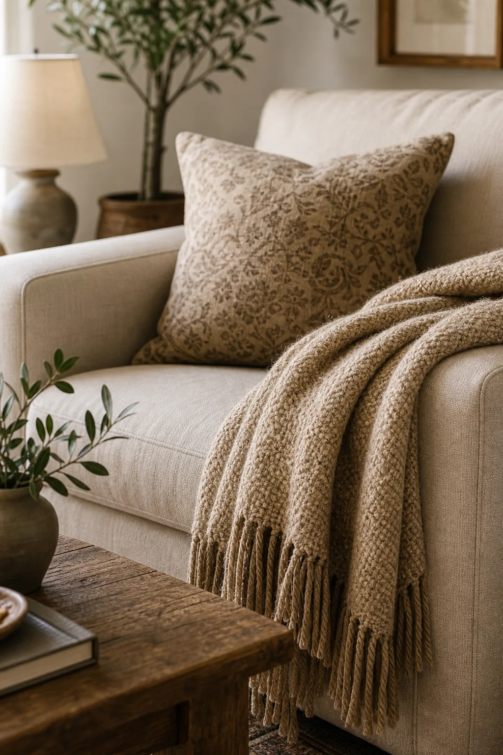 Close-up of a fringed woven throw blanket and a patterned pillow on a linen sofa arm.