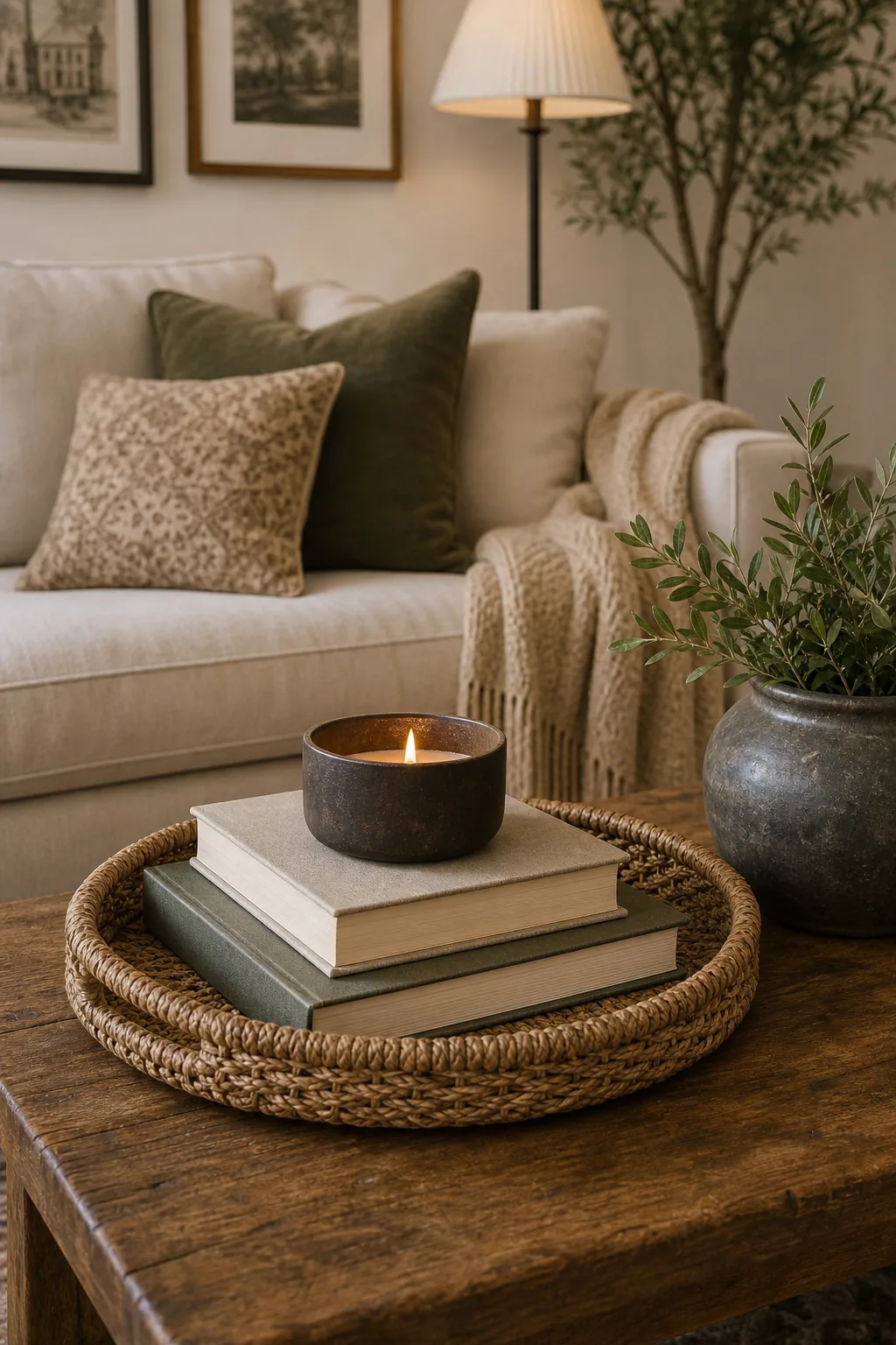 A round woven tray on a wood coffee table holding stacked books and a dark ceramic candle.