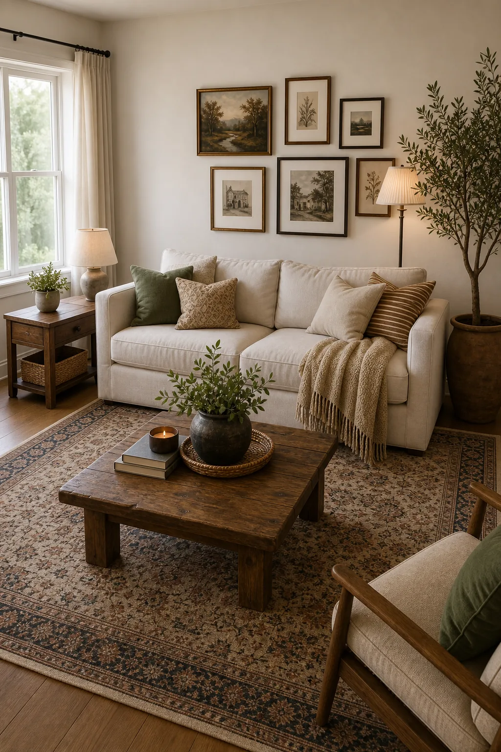 A fully styled living room corner showing a cohesive arrangement of furniture, art, lighting, and textiles.
