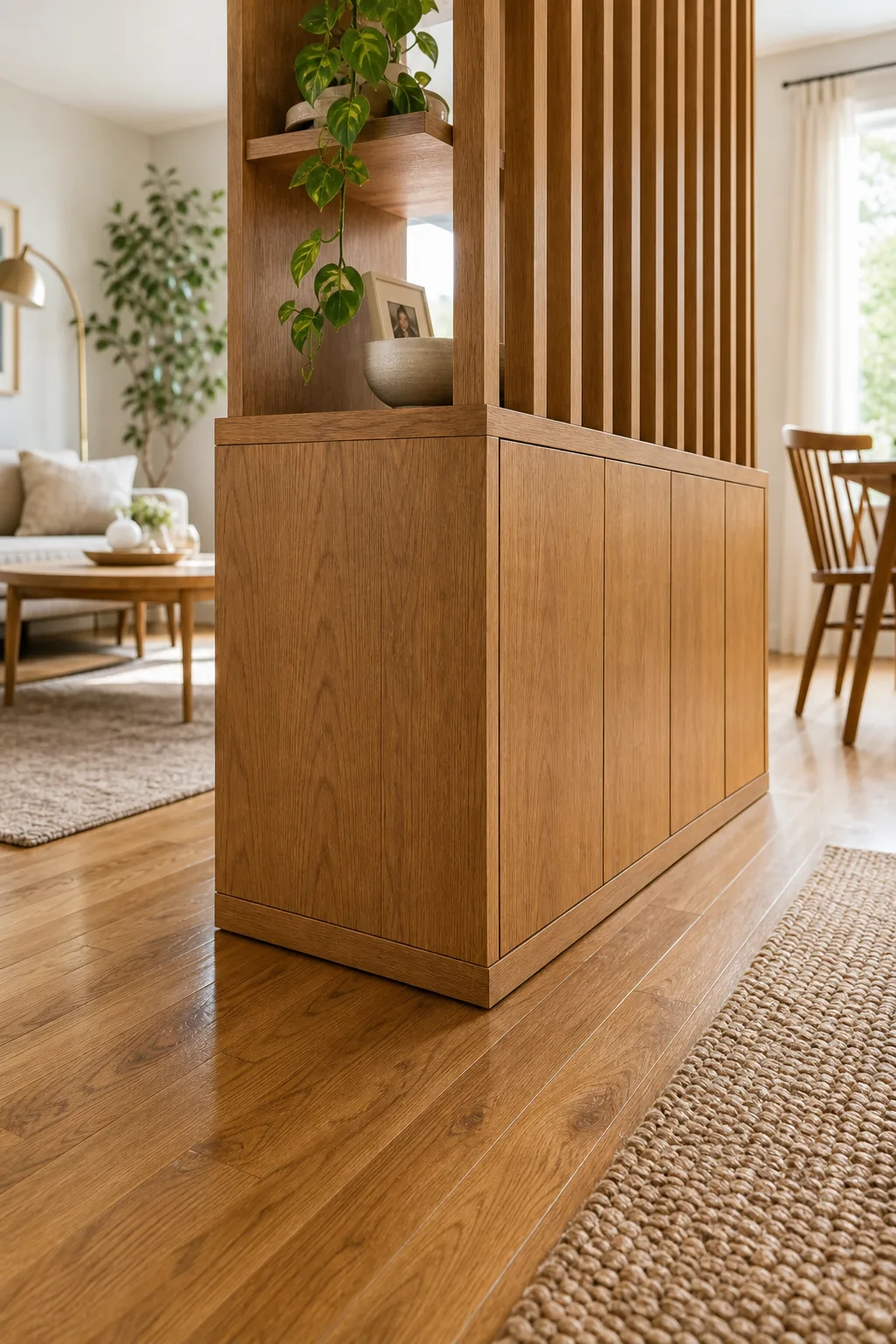 Close-up of a solid wood base cabinet for a room divider resting on a hardwood floor.