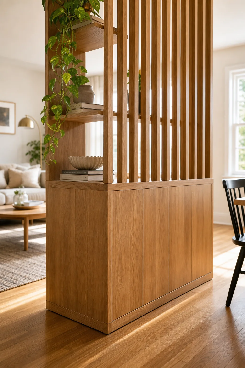 Mid-level view of a room divider where the solid lower cabinet transitions into open vertical slats.