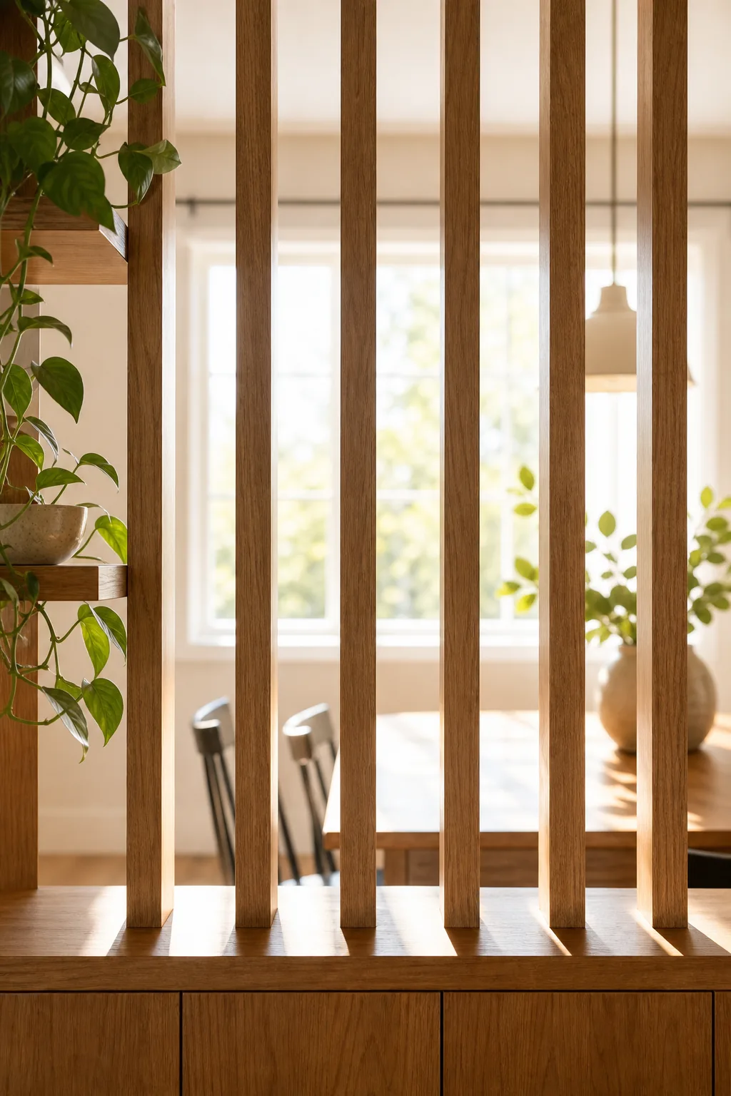 Straight-on view through wooden room divider slats with sunlight streaming through the gaps.