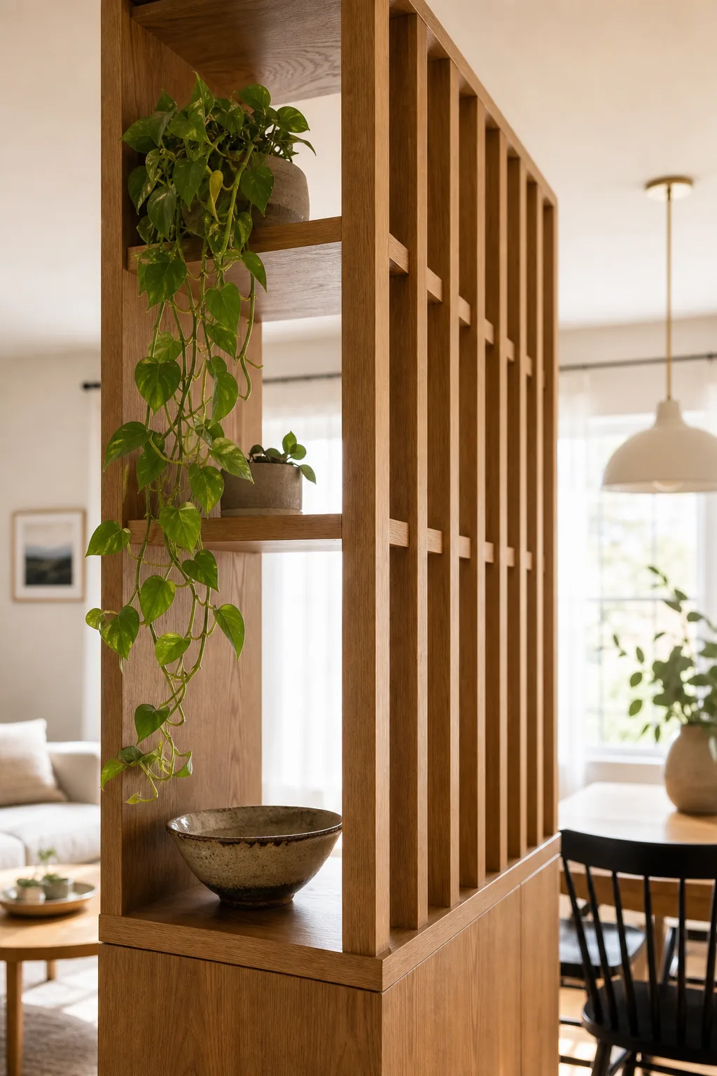 A trailing green plant and small ceramic bowl styled on an open wooden shelf within a slatted room divider.