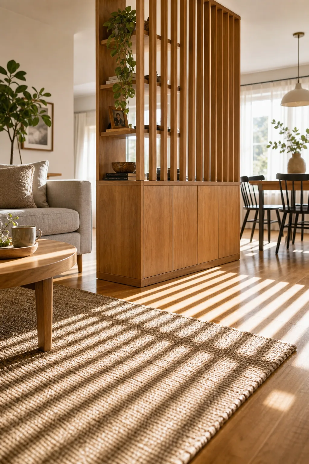 Wide view of a slatted room divider successfully separating a living room from a dining space.
