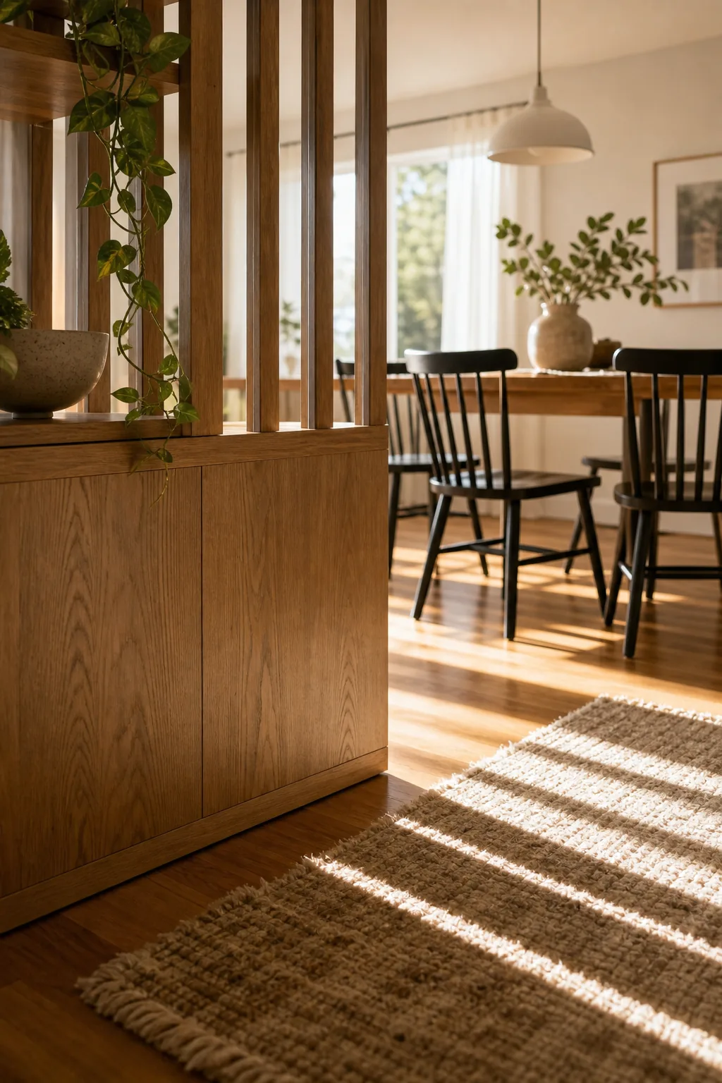 Linear shadows cast by a slatted room divider onto a hardwood floor and area rug.