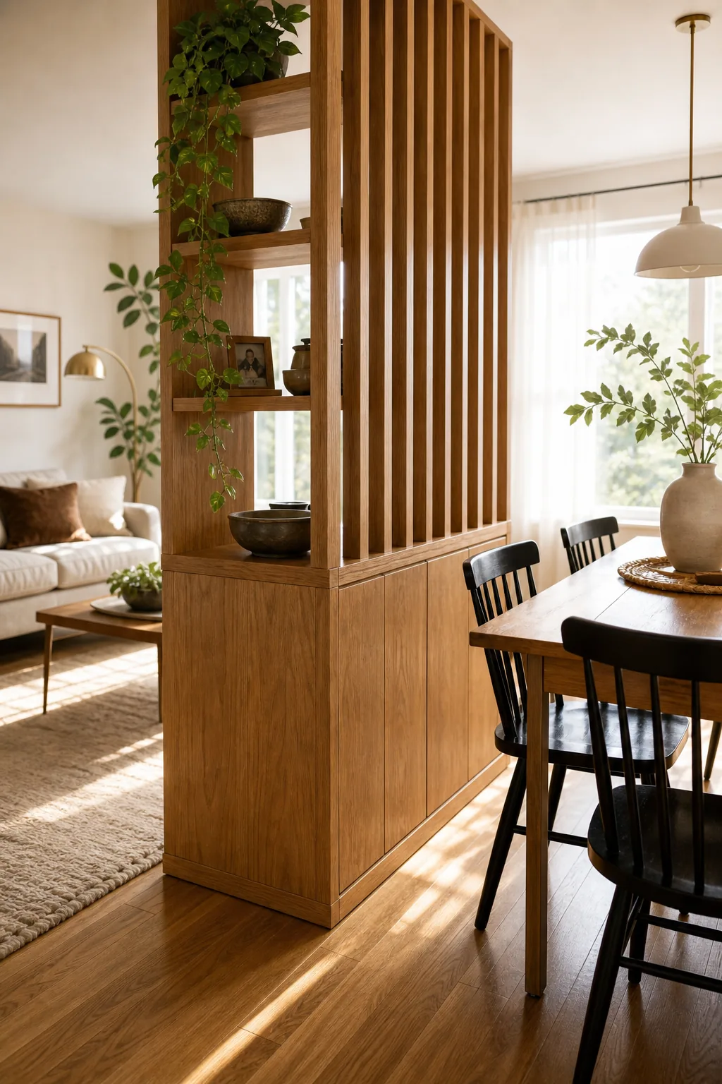 Eye-level view looking past the perfectly plumb edge of a room divider into a dining area.