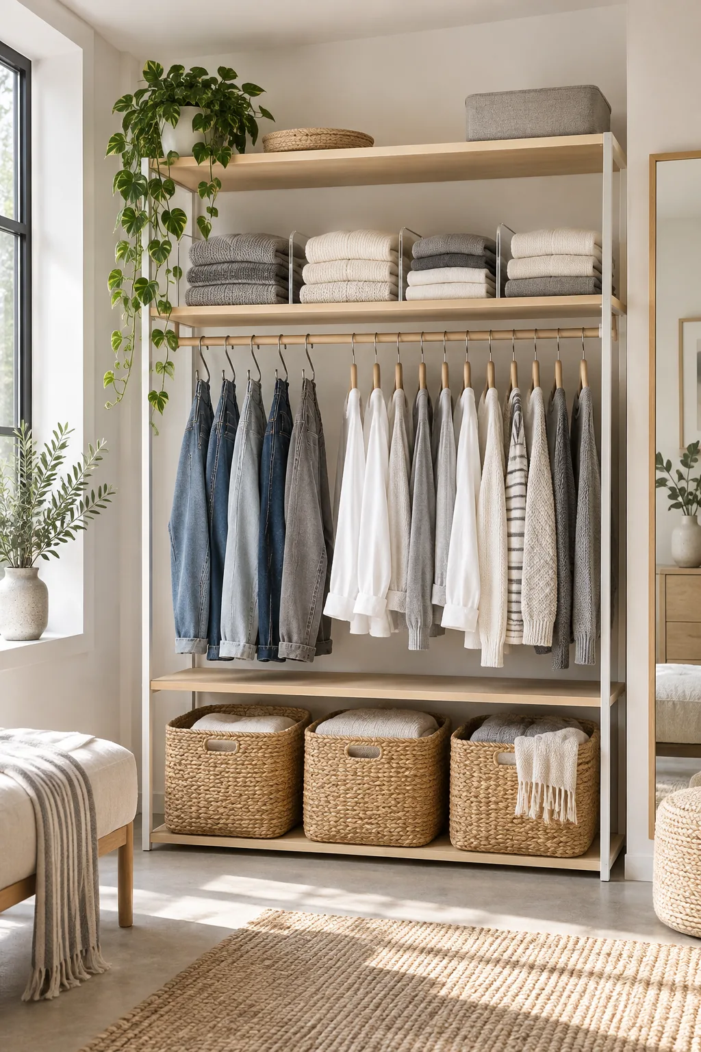 A minimalist Scandi open wardrobe made of pale birch wood with white metal accents and monochrome clothing.