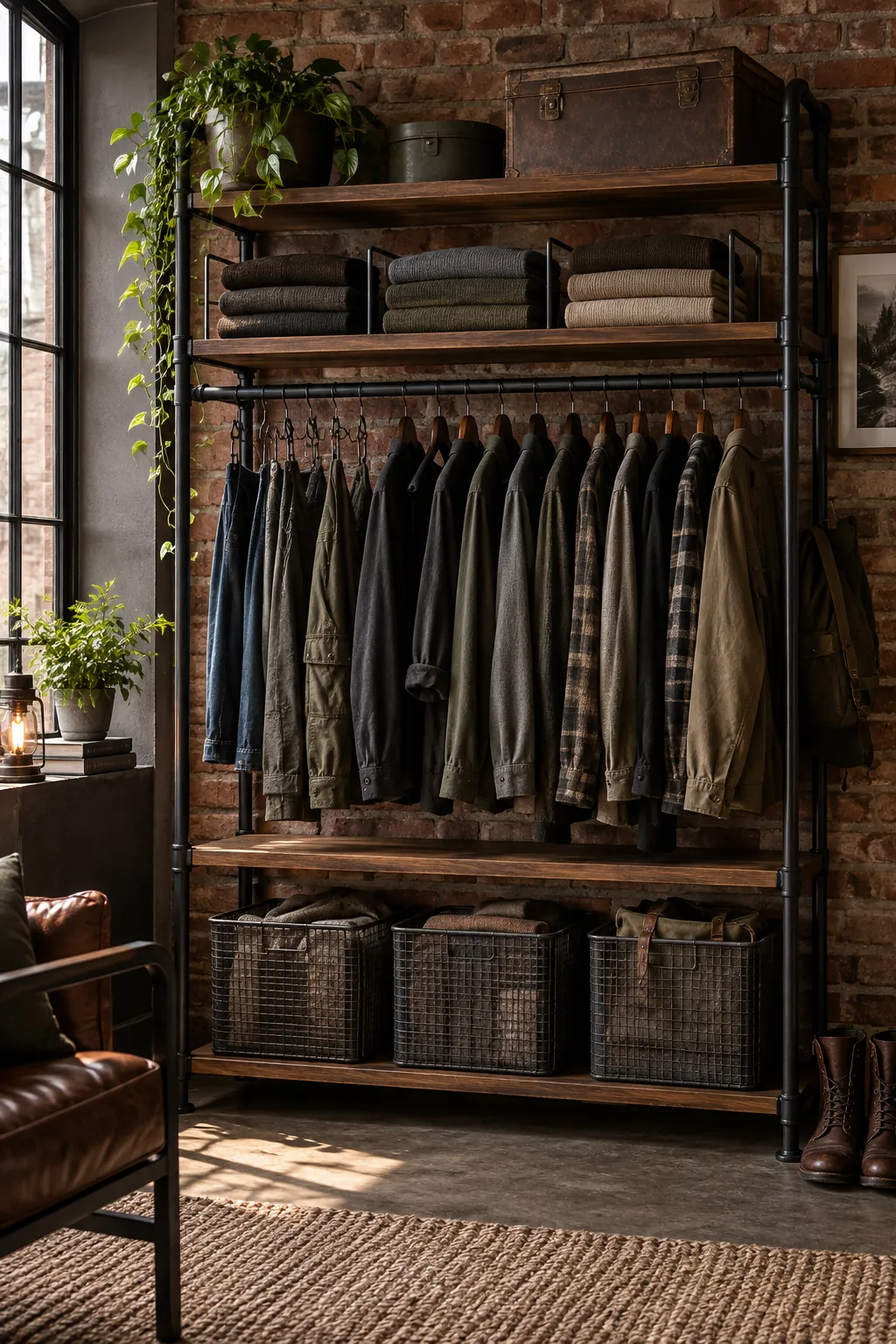 A moody industrial closet with dark walnut shelves, matte black pipe rails, and dark-toned clothing.