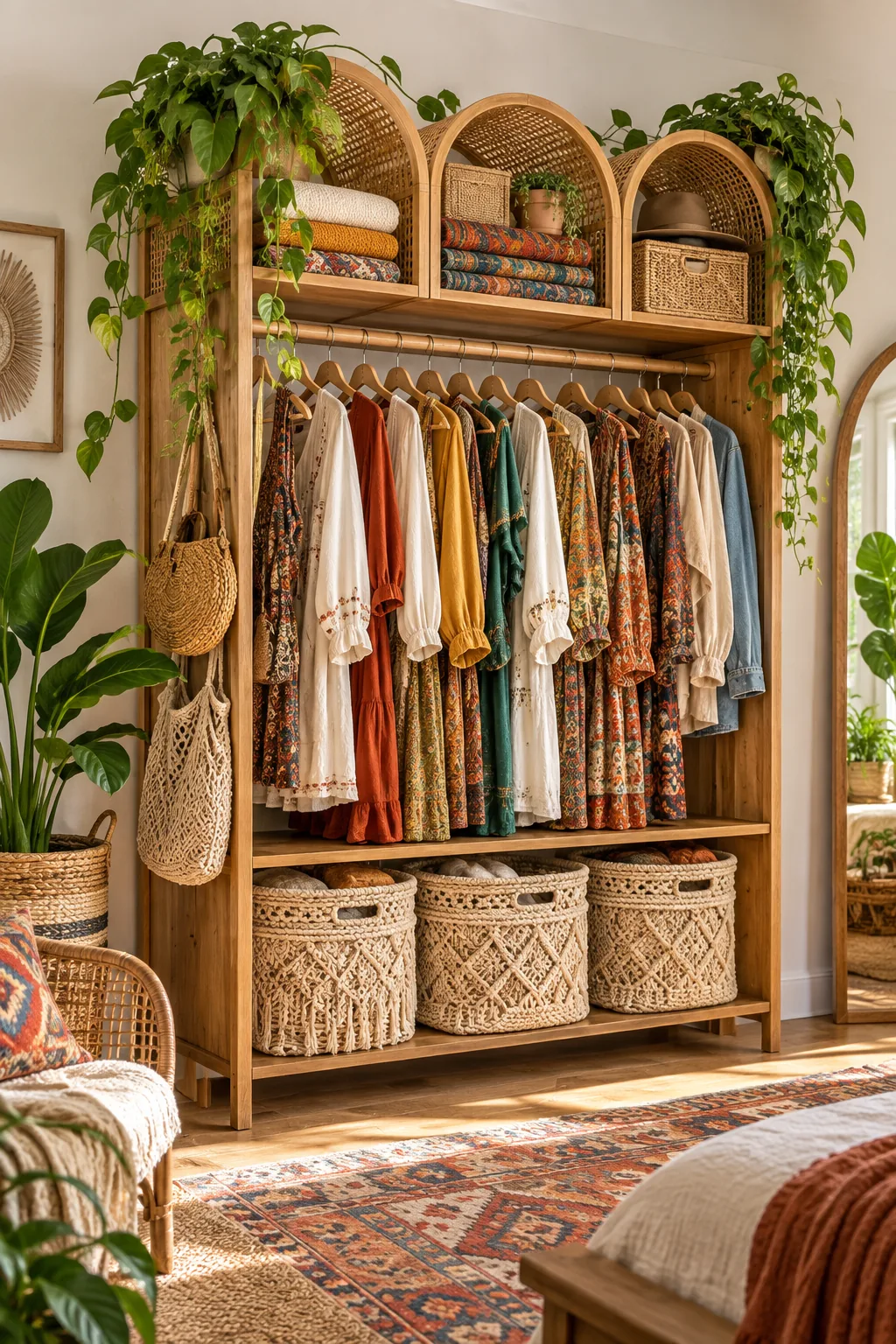 A bohemian wardrobe with teak wood, arched rattan dividers, macrame bins, and colorful textiles.