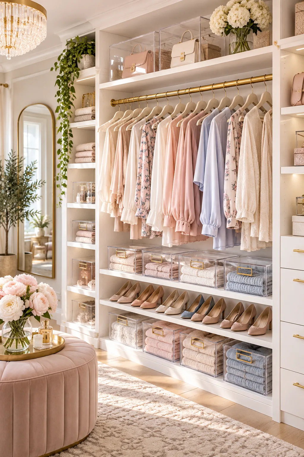 A modern glam closet with glossy white lacquer shelves, brushed brass rails, and pastel silk blouses.