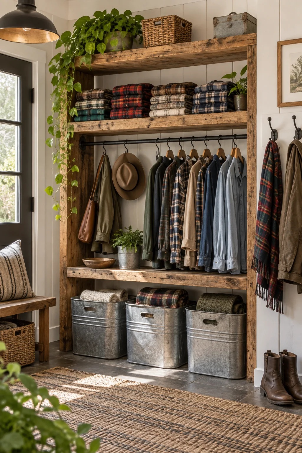 A rustic farmhouse wardrobe with distressed oak shelves, galvanized metal bins, and plaid flannels.