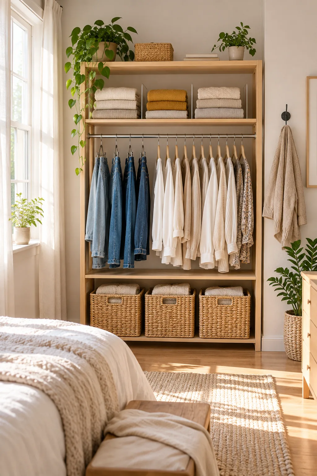 A straight-on view of an open wooden wardrobe divided neatly into top shelving, a middle hanging rail, and bottom floor storage.