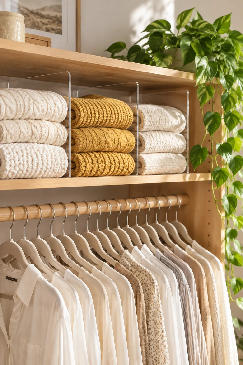 Crisp stacks of folded sweaters held perfectly upright by clear acrylic dividers on a wooden top shelf.