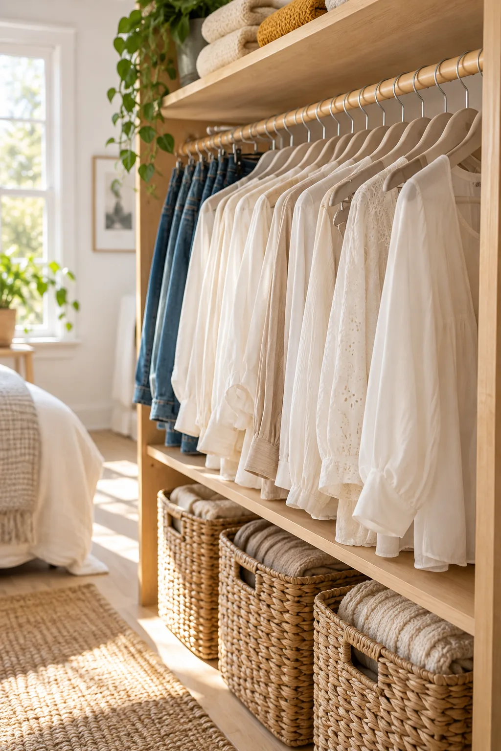 A perfectly spaced row of slim beige velvet hangers holding light-colored blouses on a wooden rail.