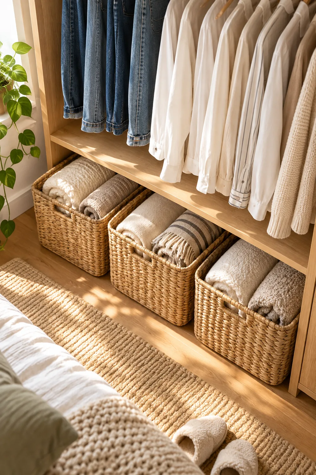 Three chunky woven seagrass baskets sitting neatly on the floor beneath a wooden wardrobe shelf.