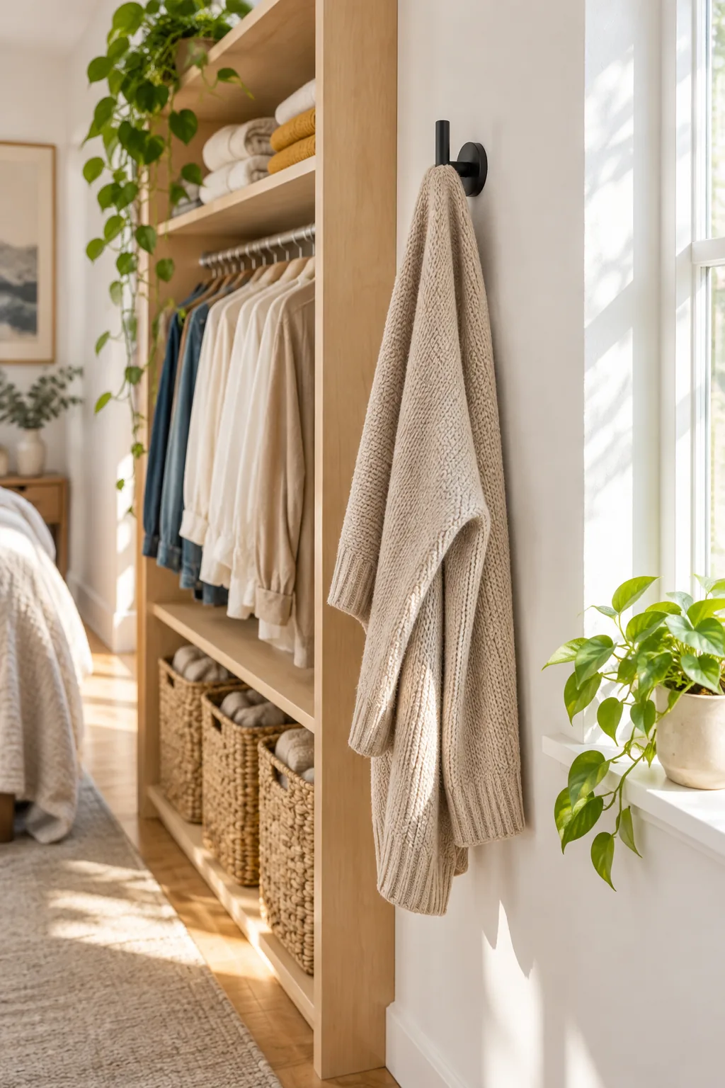 A draped beige cardigan hanging from a sleek matte black wall hook next to a wooden wardrobe.