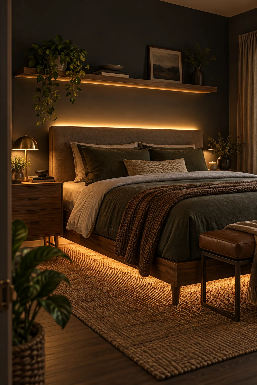 Dark charcoal bedroom illuminated by warm amber LED lighting behind a walnut headboard.