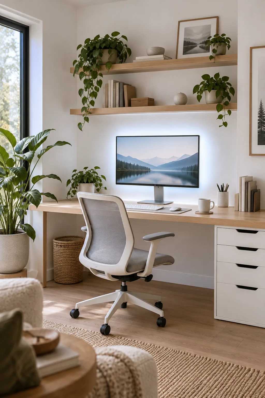 Minimalist white home office with cool white LED lighting glowing behind a birch desk.