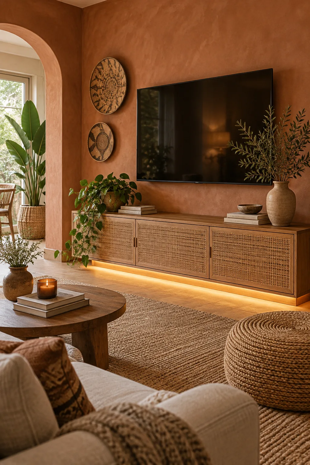Bohemian lounge with terracotta walls and warm LED lighting under a rattan media console.