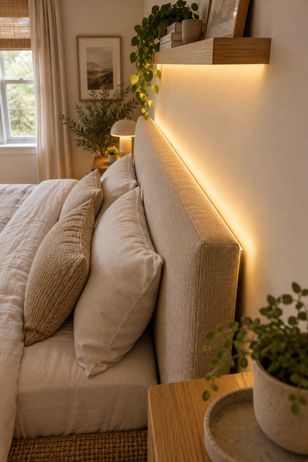 Profile view of a fabric headboard spaced away from a cream wall, with a soft light arc.