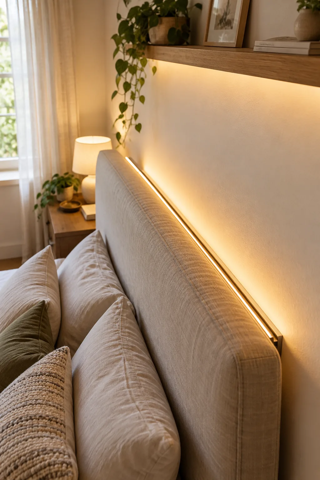 Top-down view behind a headboard showing a glowing angled aluminum strip.