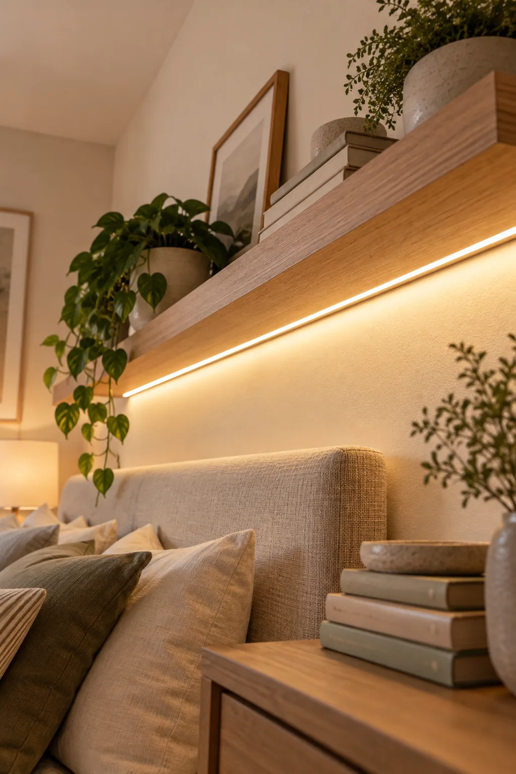 Oak floating shelf with a seamless line of light illuminating the wall below.
