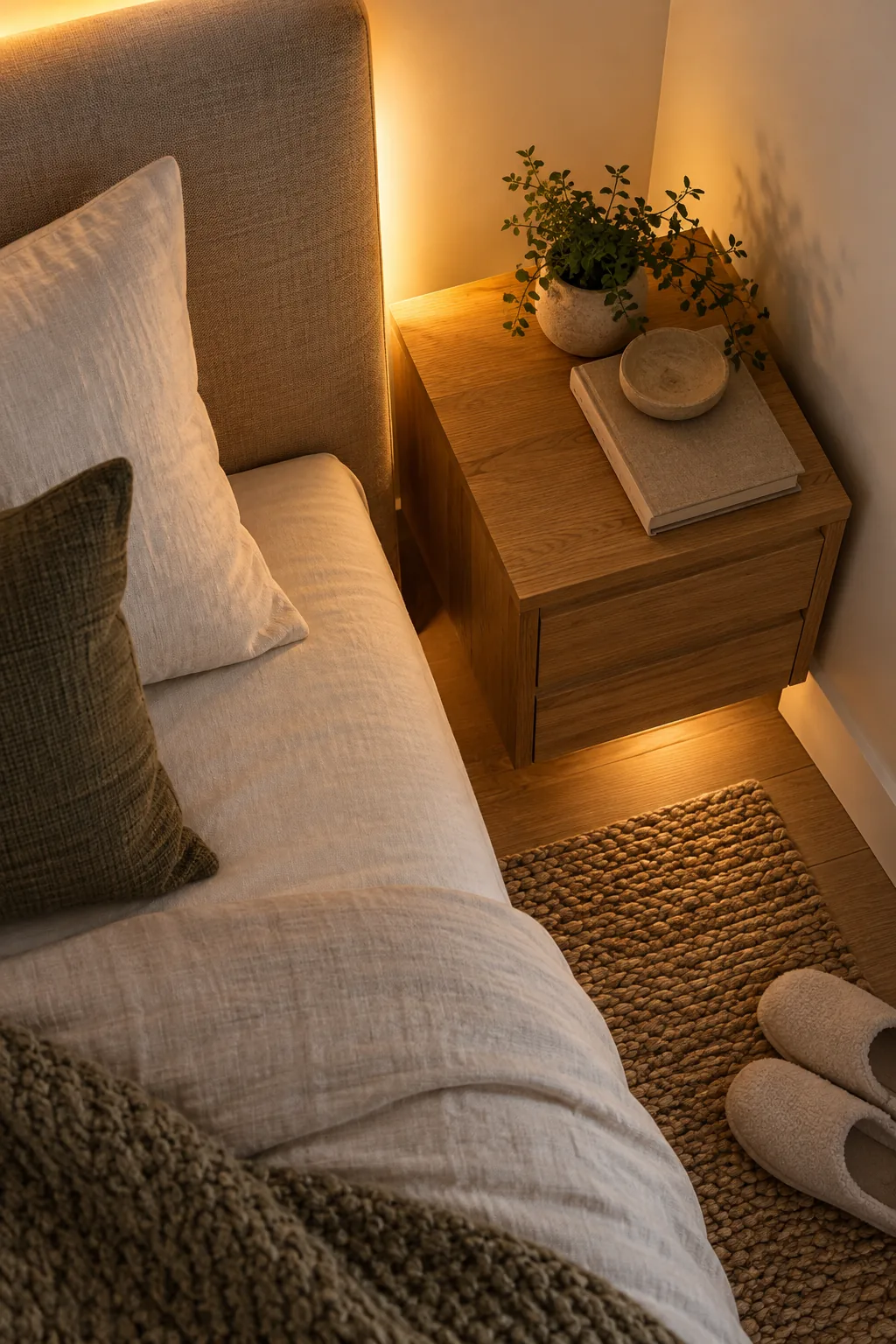 Soft pool of warm light spreading across a textured jute rug from beneath an oak bed frame.