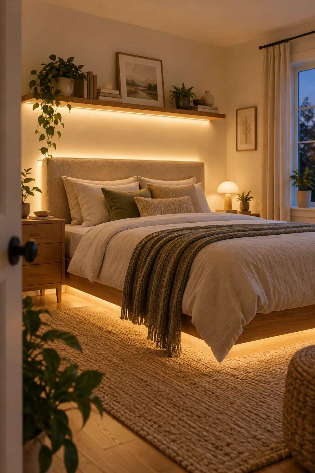 Clean bedroom corner with glowing LED light reflecting off pristine cream paint.