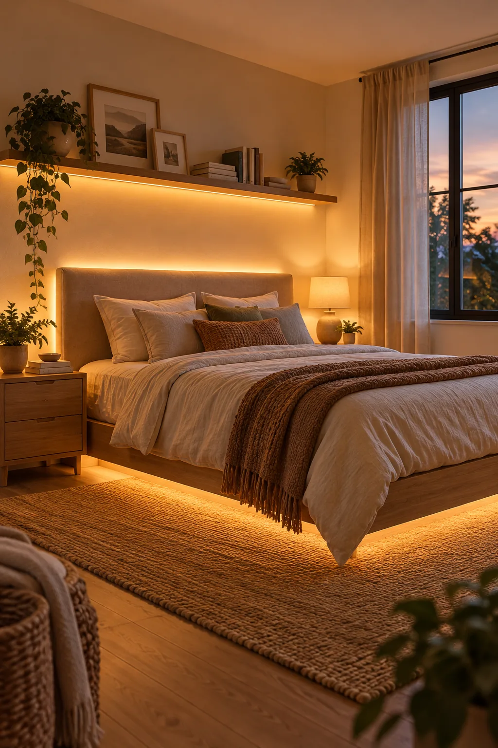 Cozy bedroom at dusk with balanced warm light glowing from the shelf, headboard, and bed.