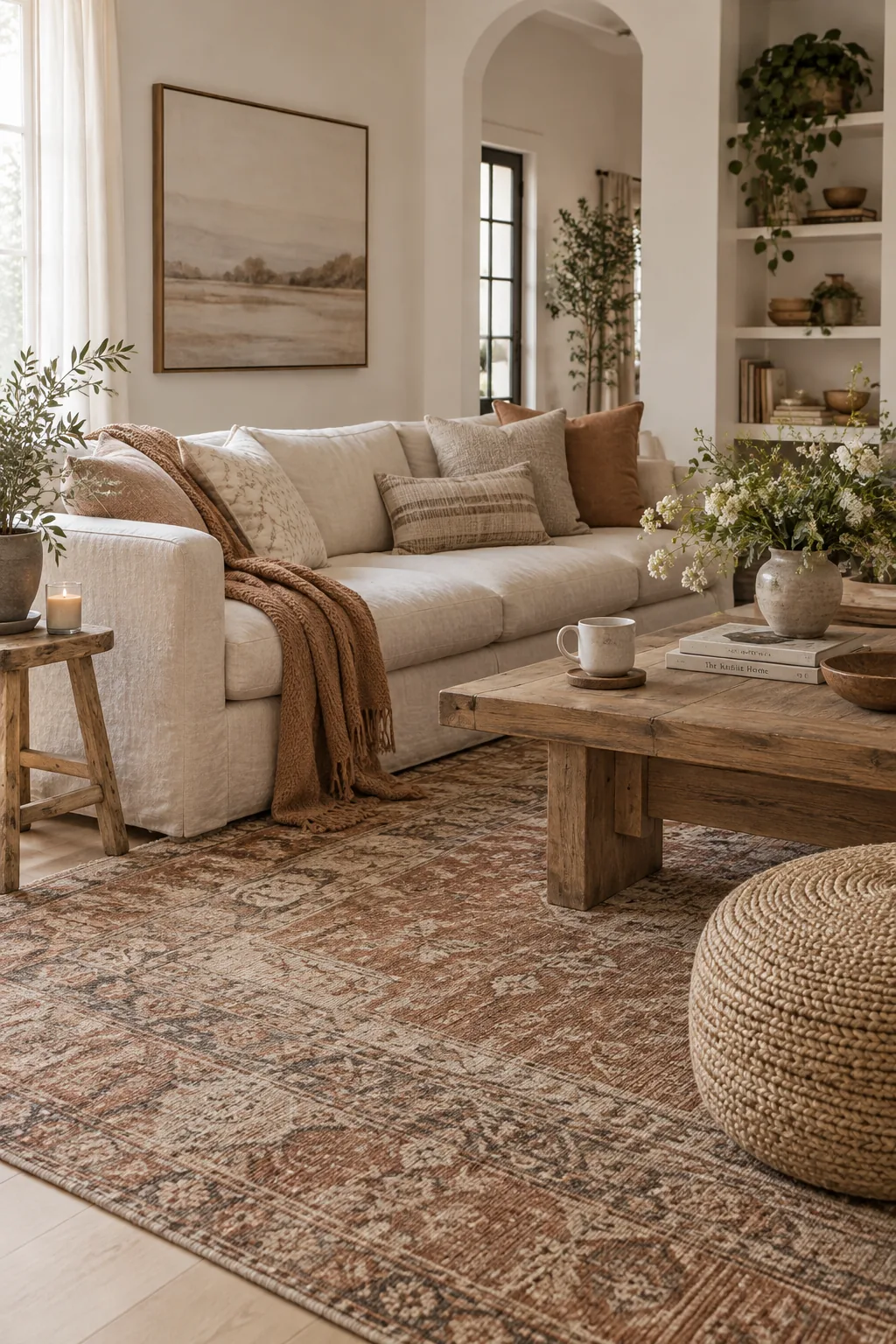 Living room with an oversized vintage rug under a modern sofa