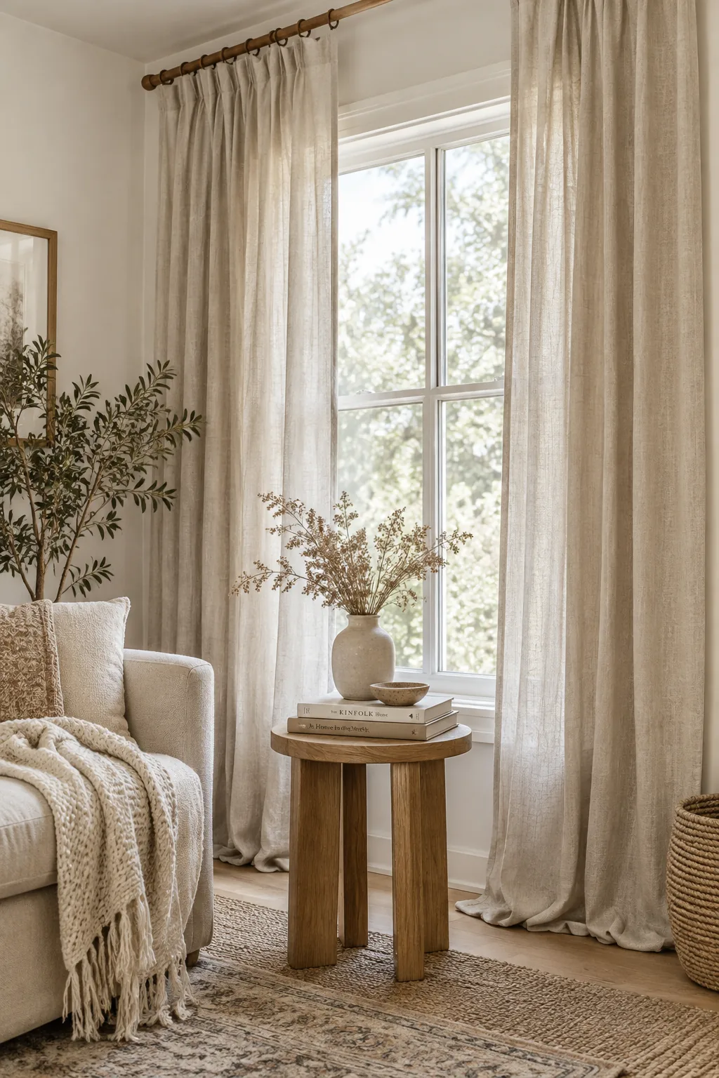 High mounted curtain rod with long linen drapes touching the floor