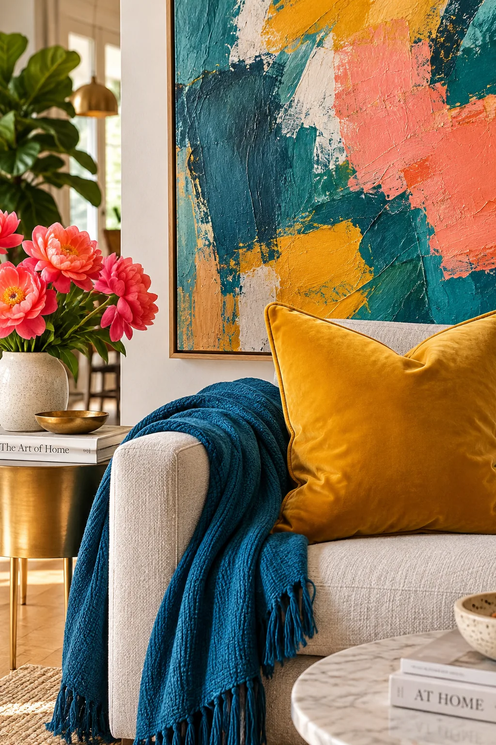 Large abstract canvas art hanging above a neutral sofa