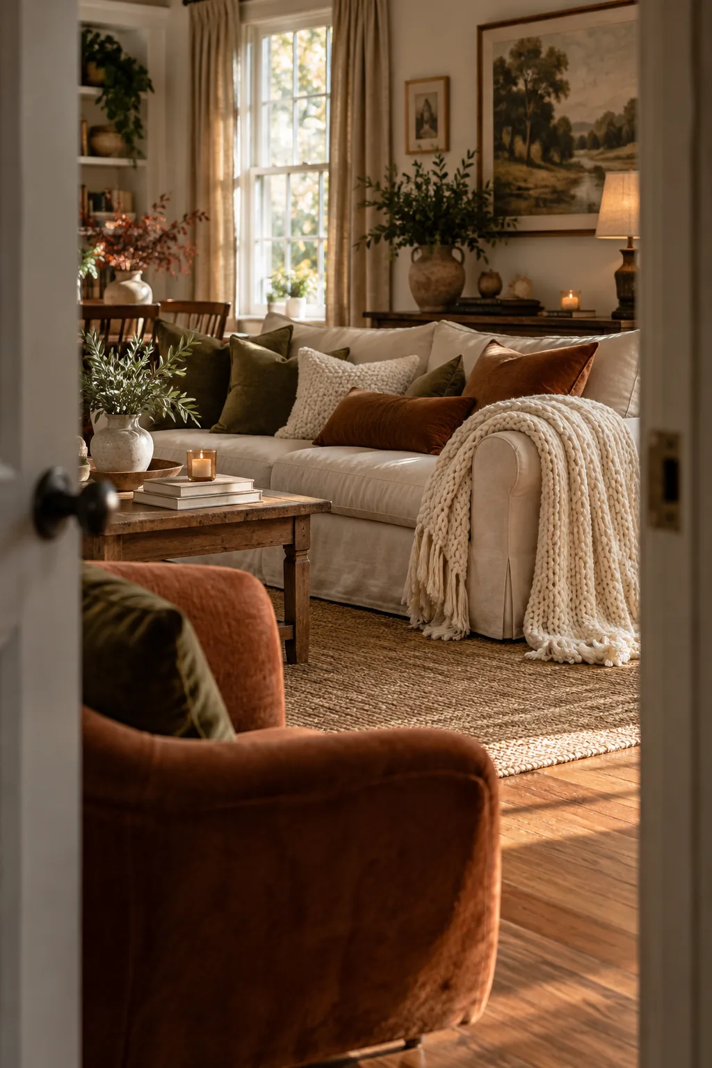 Sofa styled with velvet pillows and a chunky knit throw