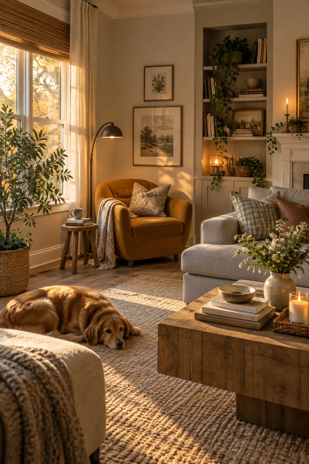 Cozy reading nook with an accent chair and floor lamp in a room corner