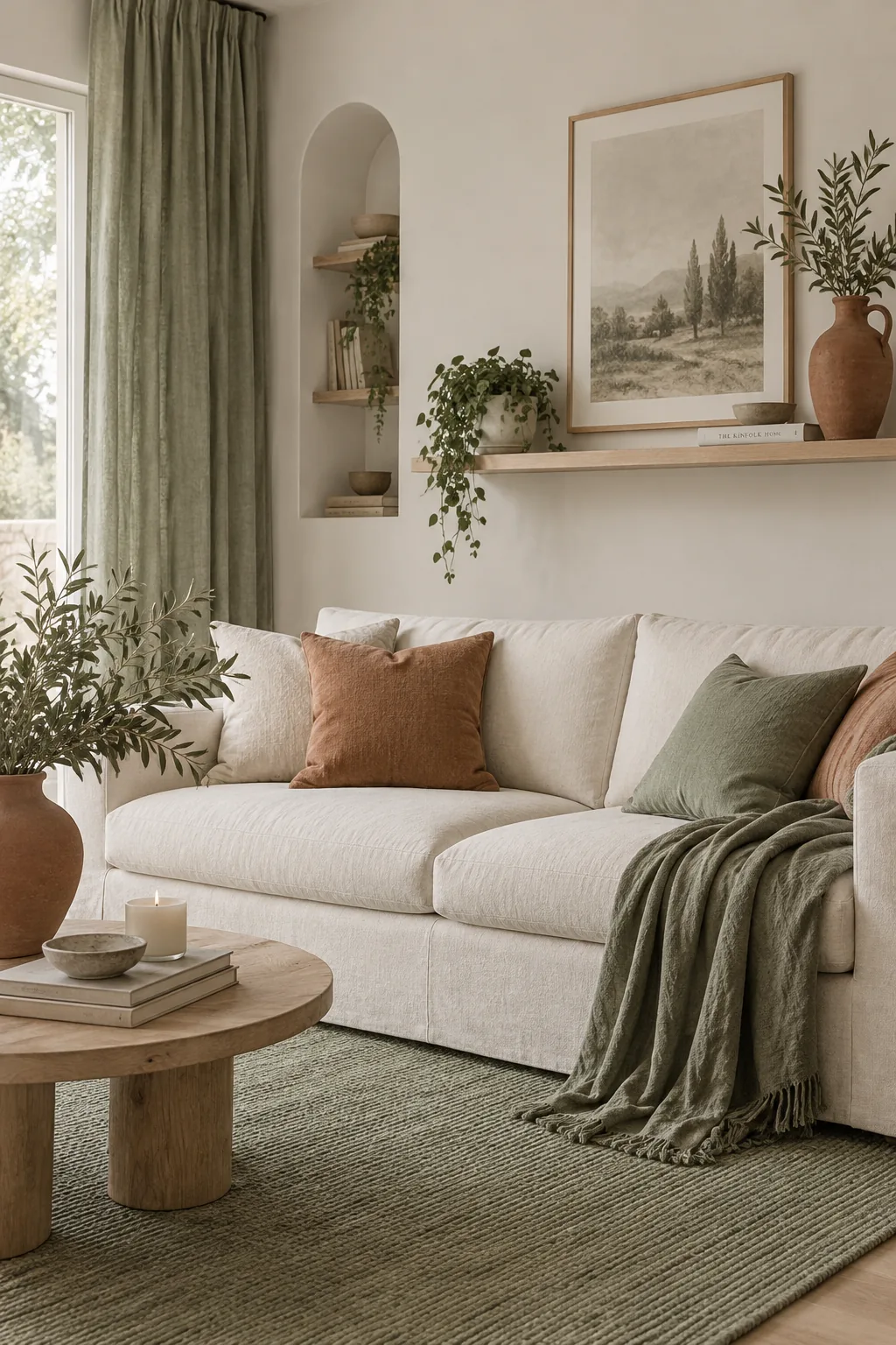 Living room decorated in cream, olive green, and rust orange
