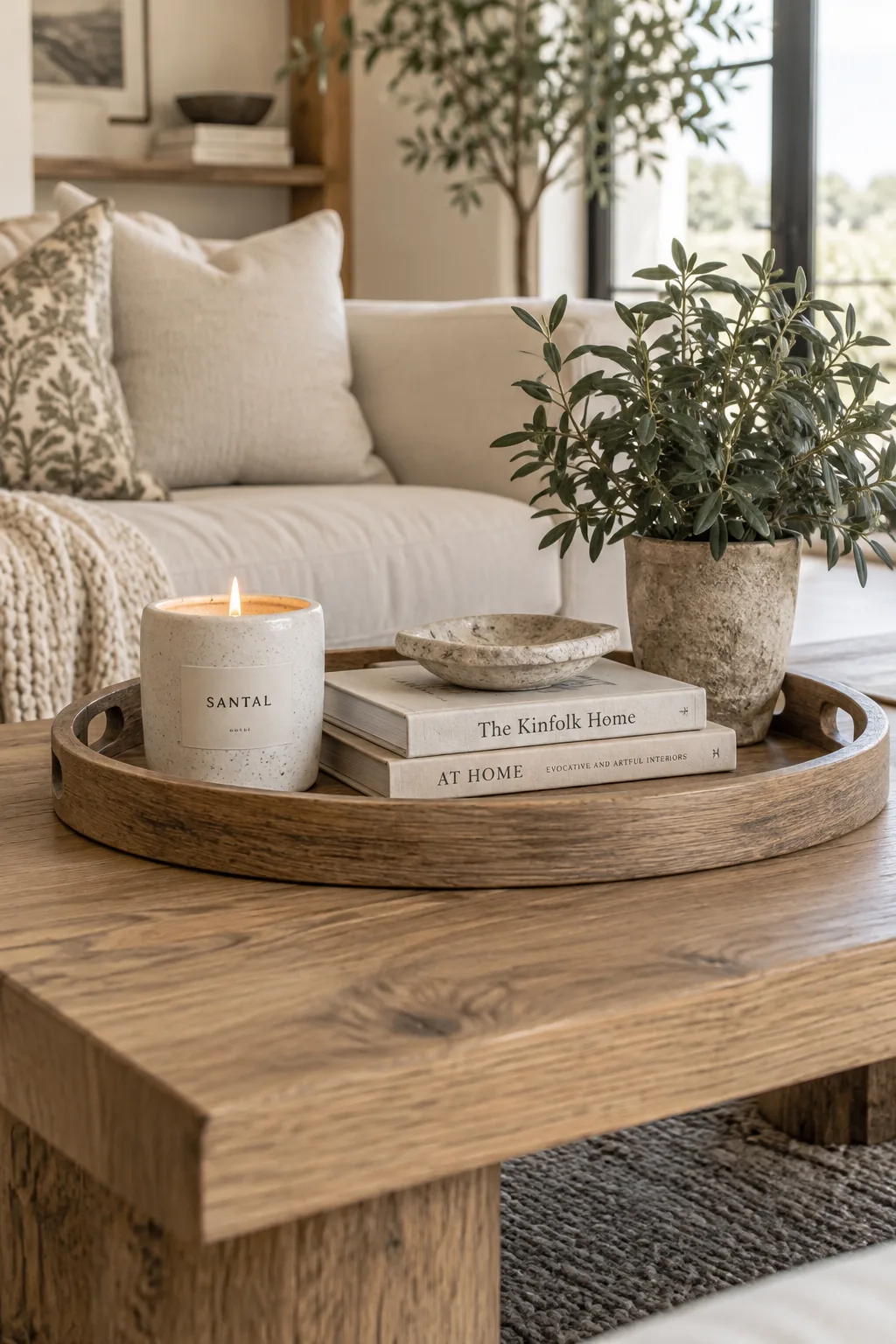 Styled coffee table with a large wooden tray holding books and a candle