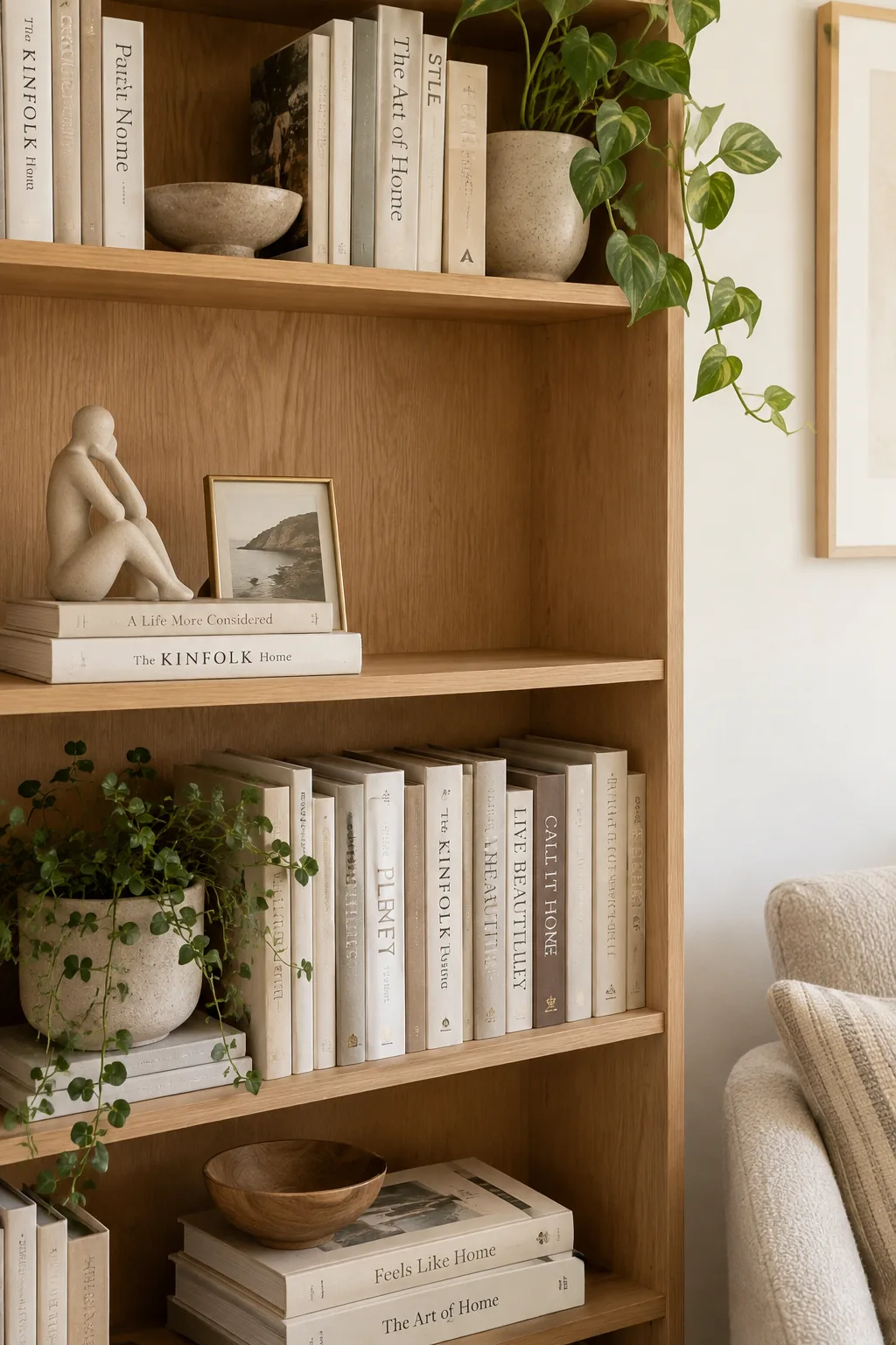 Styled bookshelf with horizontal book stacks and decorative objects
