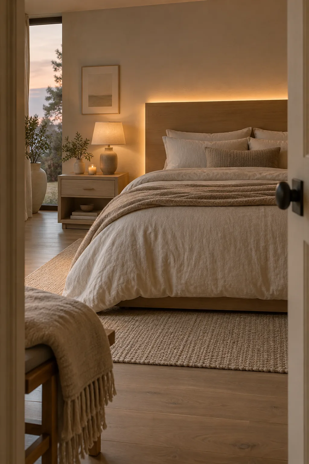 A modern bedroom with a warm LED glow radiating from behind a dark upholstered headboard.