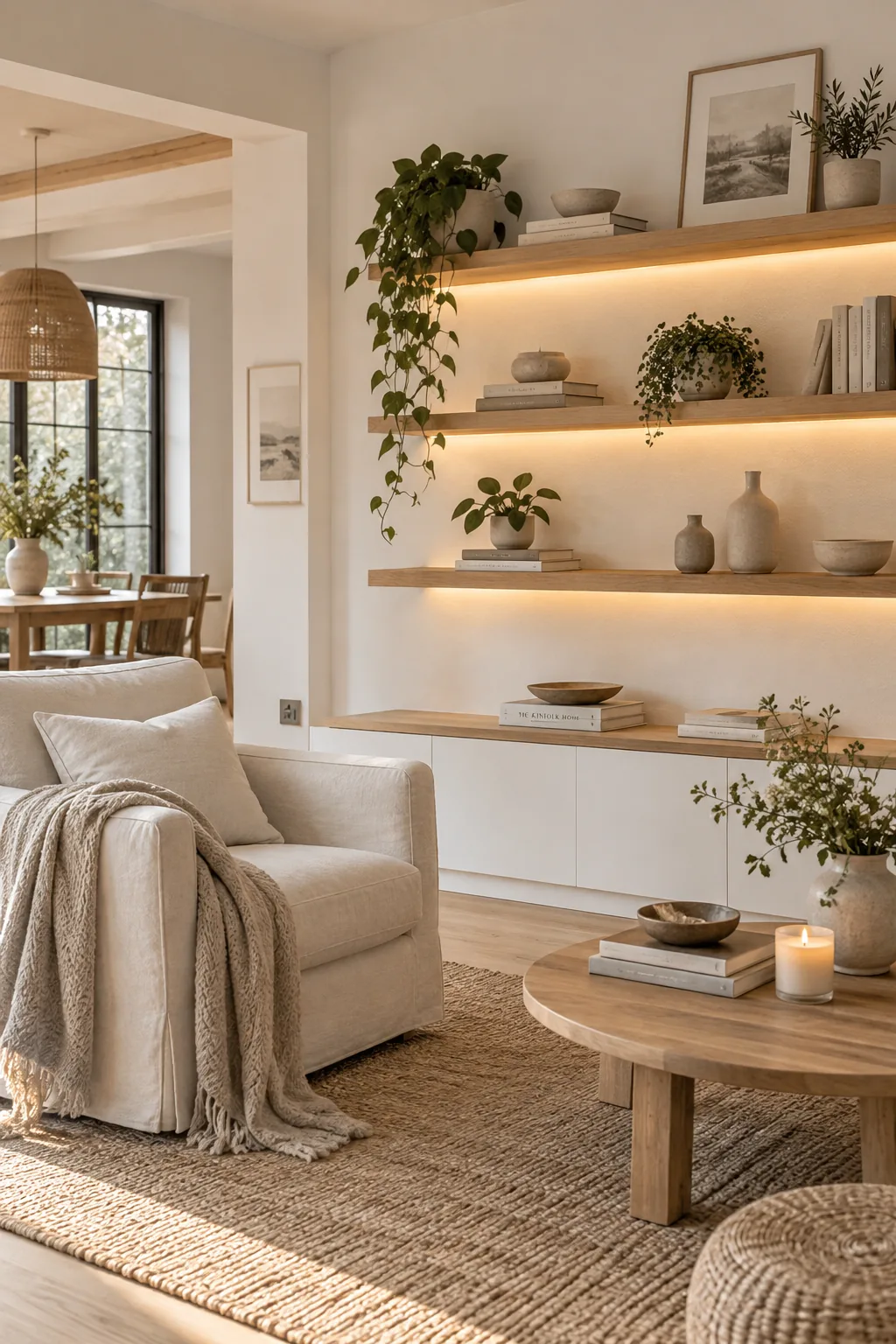 Wooden floating shelves on a white wall with hidden LED lighting illuminating the decor below.