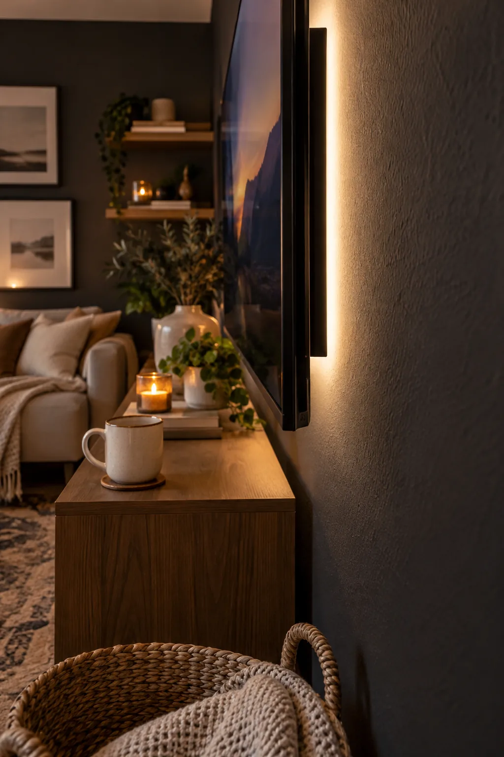 A flat screen TV mounted on a wall with a soft white bias light glowing from behind.