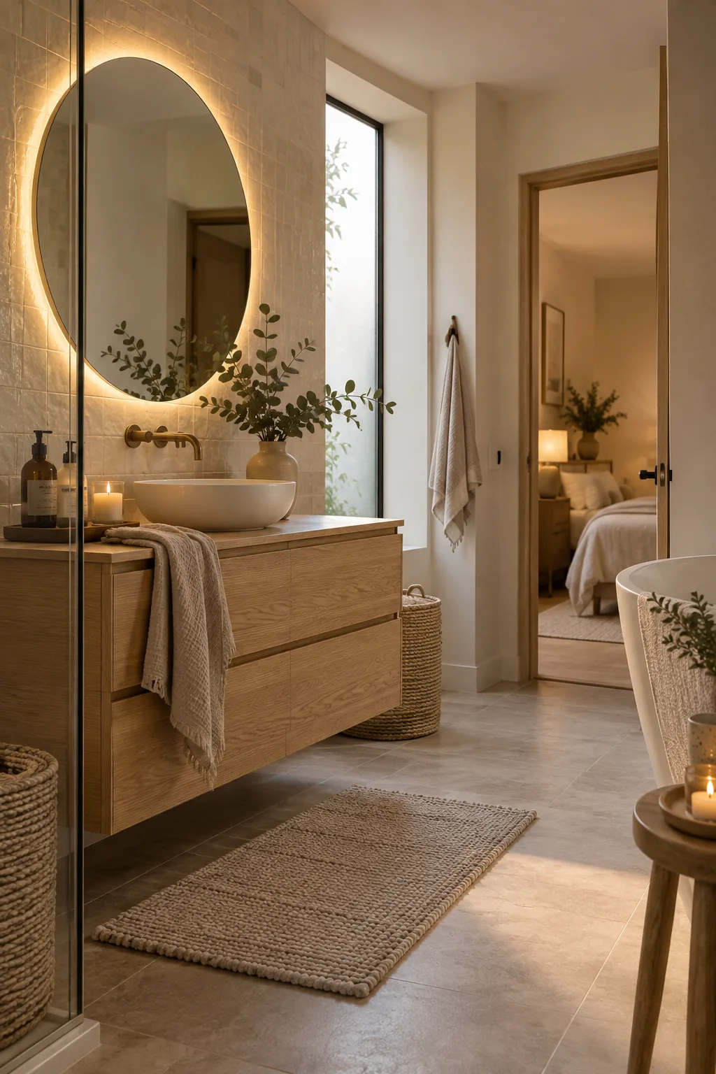 A modern bathroom vanity featuring a round mirror backlit by a warm LED glow.