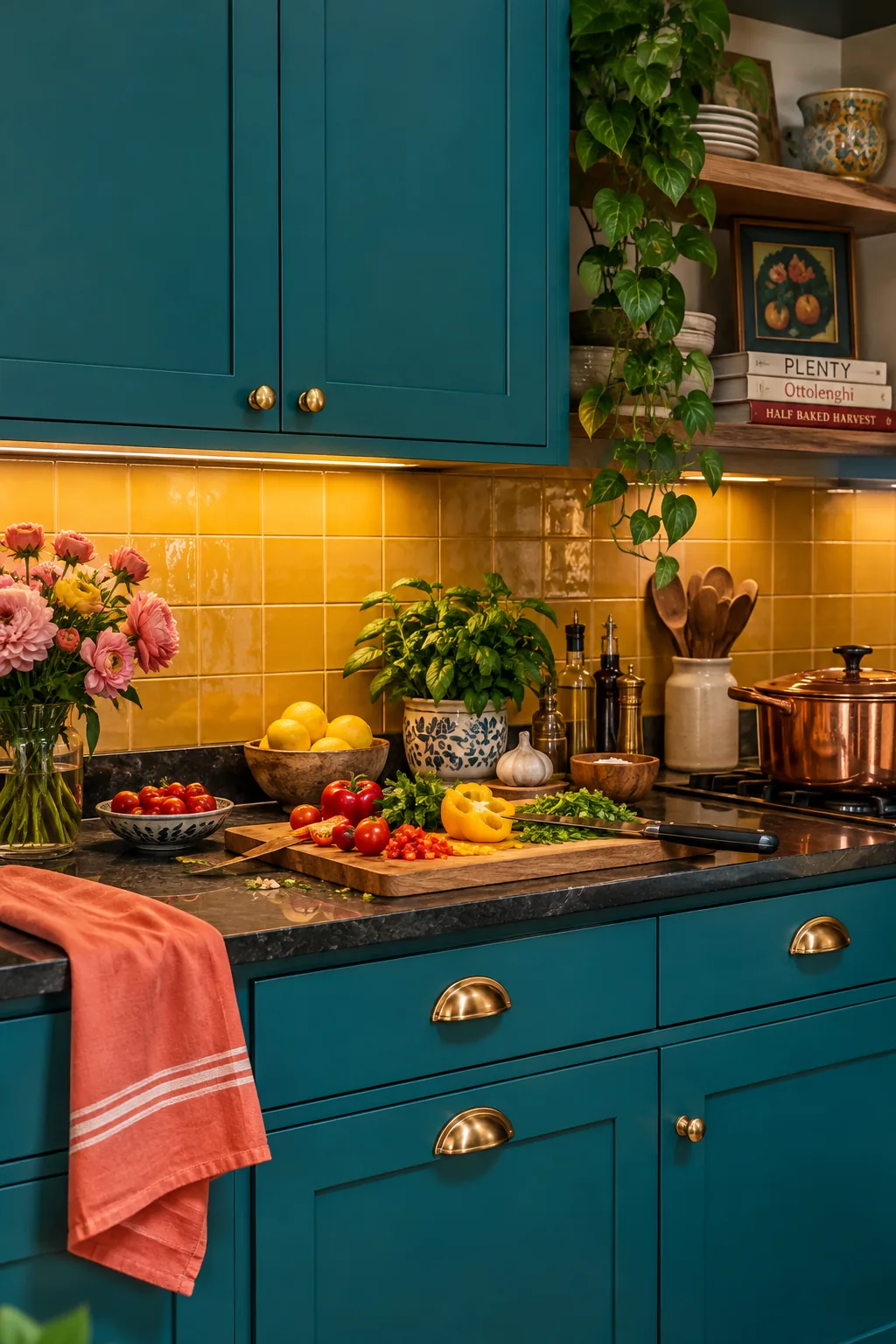 A clean kitchen counter illuminated by bright under-cabinet LED strip lights.